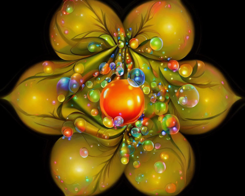 Colorful Fractal Flower Artwork with Golden Petals on Black Background