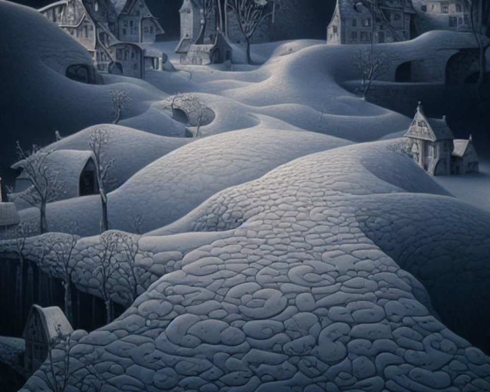 Snow-covered village at night: serene winter landscape