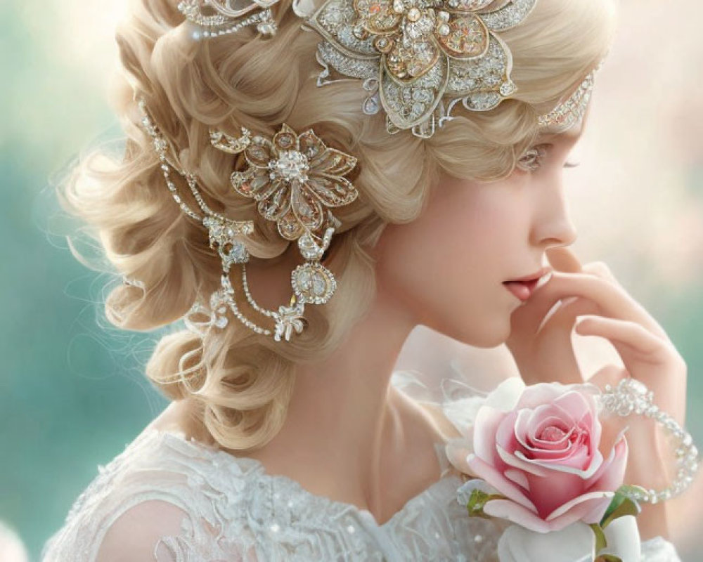 Sophisticated woman with ornate updo and lace gown, holding a rose in dreamy setting