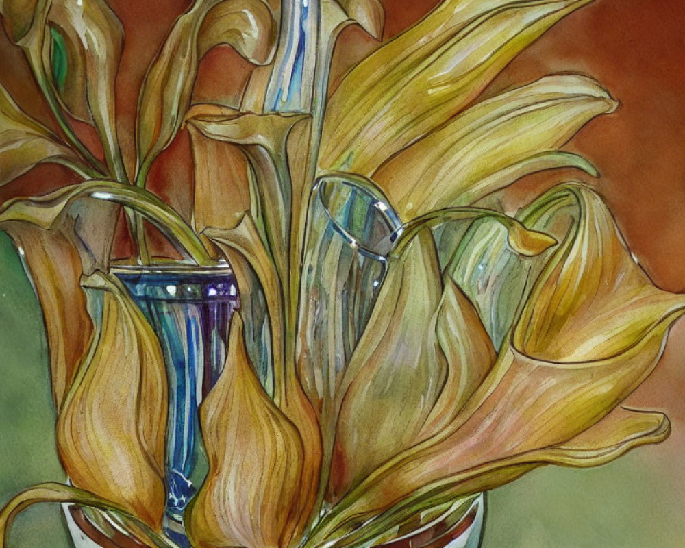 Yellow lilies in blue vase watercolor painting with delicate lines and warm tones