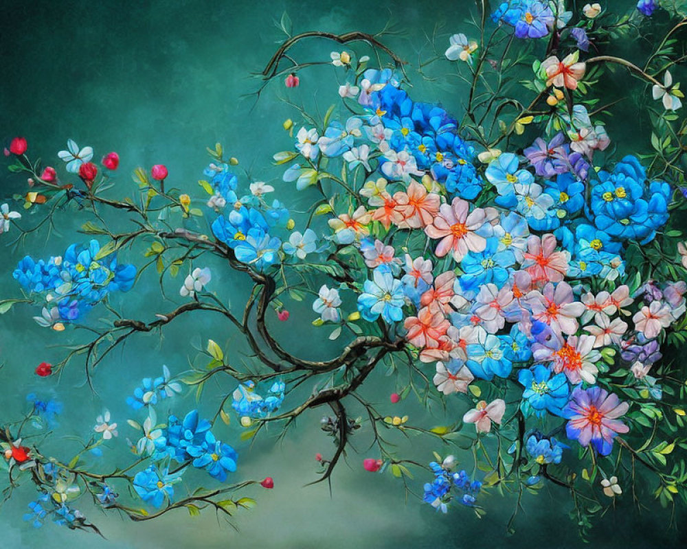 Colorful Flowers Blooming on Intertwining Branches - Vibrant Painting
