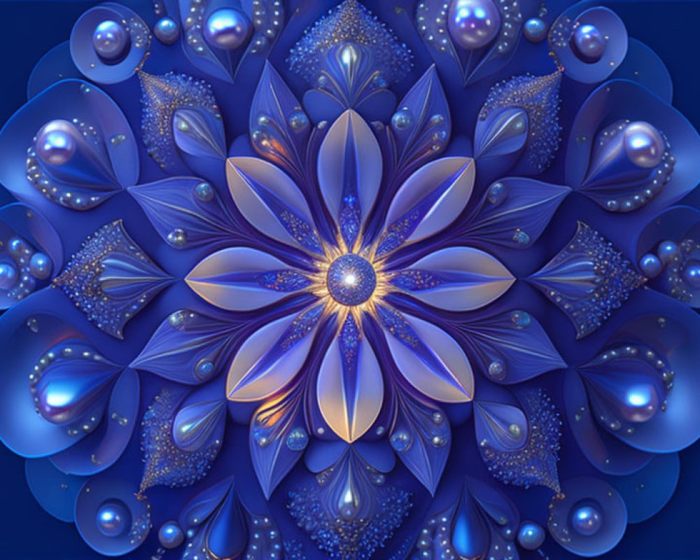 Symmetrical Blue Mandala with Layered Petals and Glowing Orbs