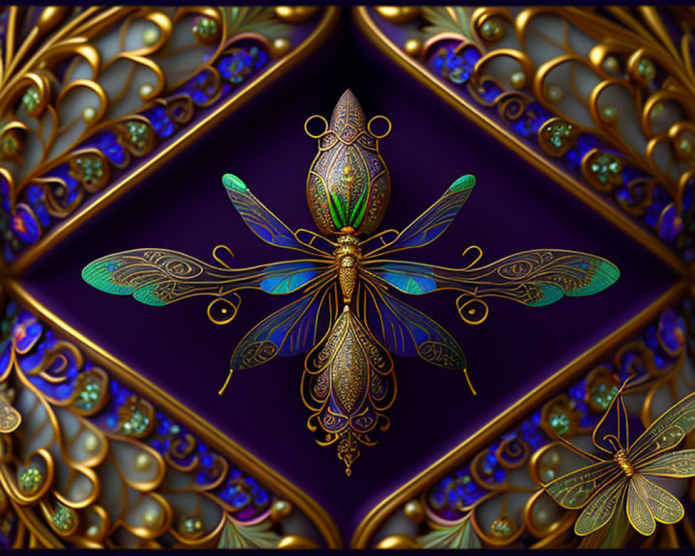 Intricate Dragonfly Artwork with Golden and Jewel-Toned Designs