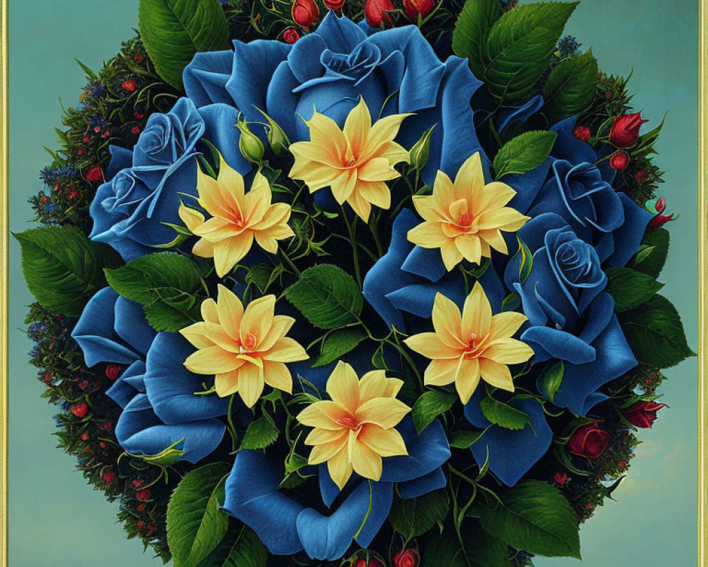 Circular bouquet painting: large blue roses, yellow lilies, red buds on pale teal background in golden