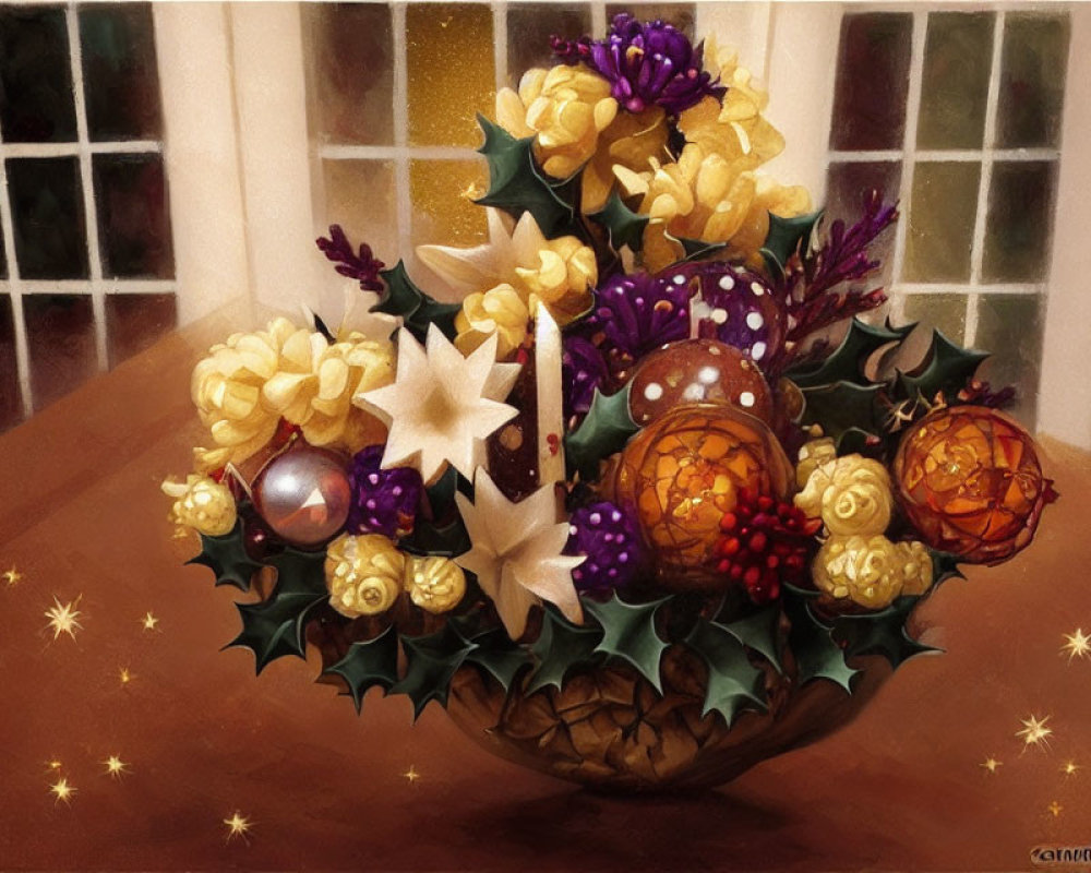 Golden flowers, red berries, holly leaves, and sparkling ornaments in holiday centerpiece