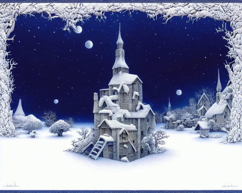 Snow-covered fantasy houses in whimsical winter scene