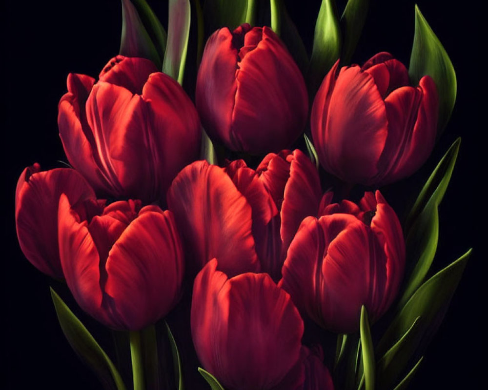 Vibrant red tulip bouquet on dark background with rich details
