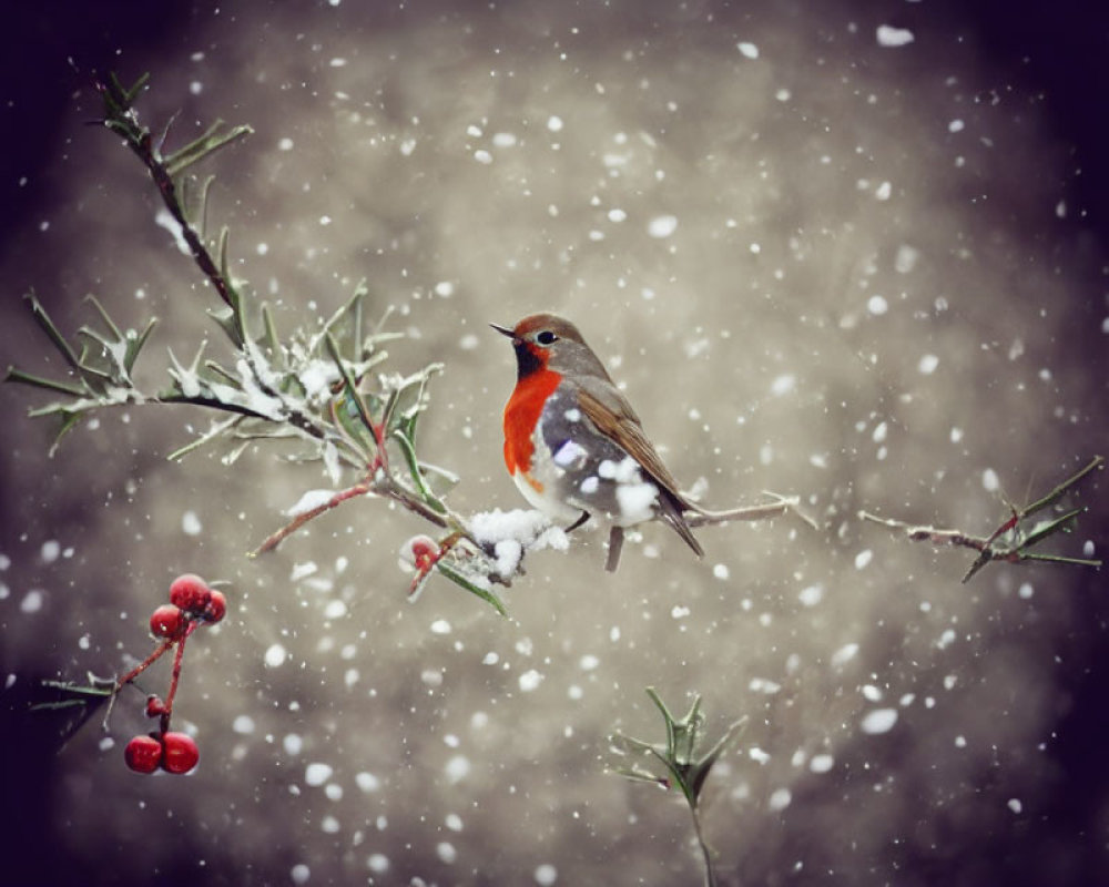 Robin perched on snowy branch with red berries in falling snowflakes