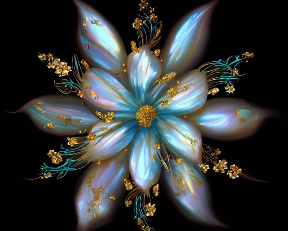Stylized digital artwork: Blue and gold iridescent flower on black background