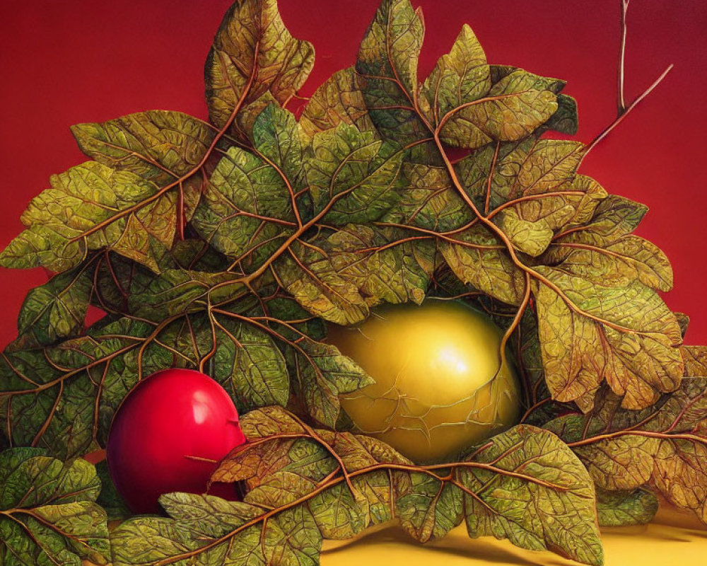 Hyperrealistic Painting: Oversized Autumn Leaves around Golden and Red Spheres