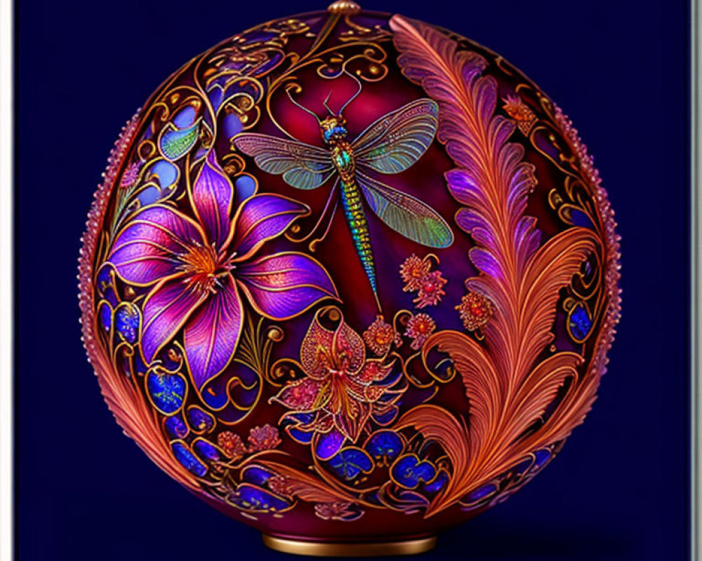 Intricate Dragonfly and Floral Design on Egg-Shaped Object