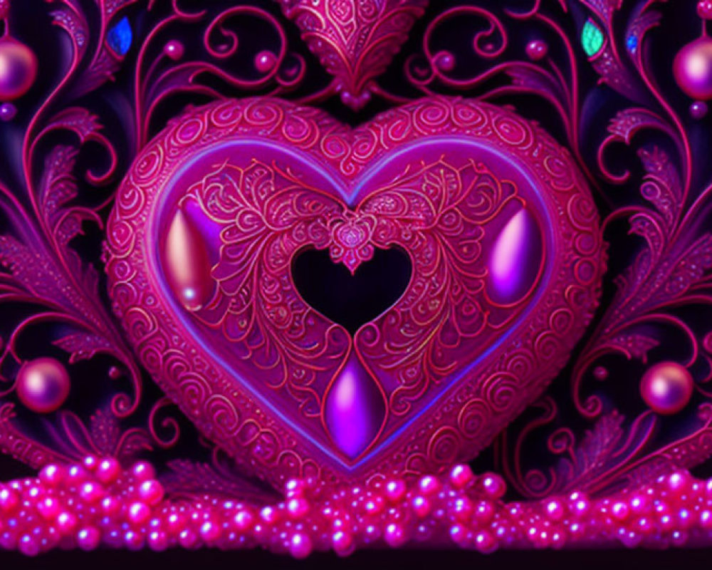 Detailed Ornate Heart with Pink Pearls on Purple Background