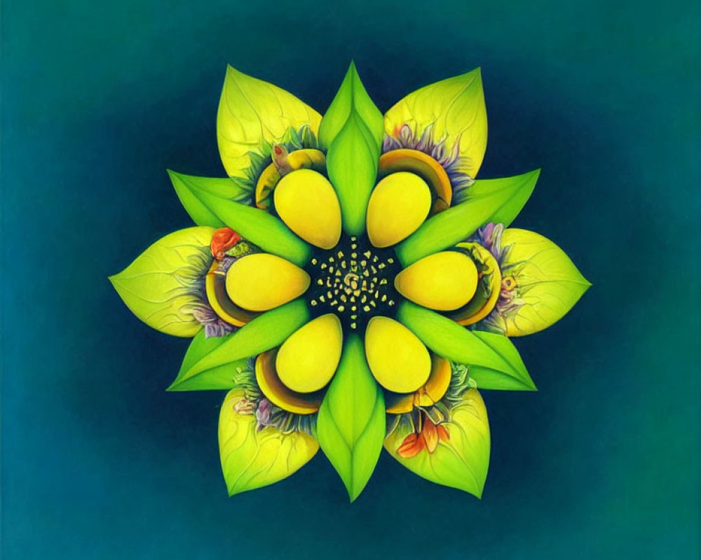 Symmetrical Floral Mandala Artwork with Green and Yellow Elements