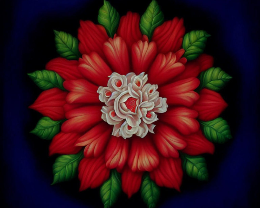 Vibrant red flower with layered petals and green leaves on dark blue background