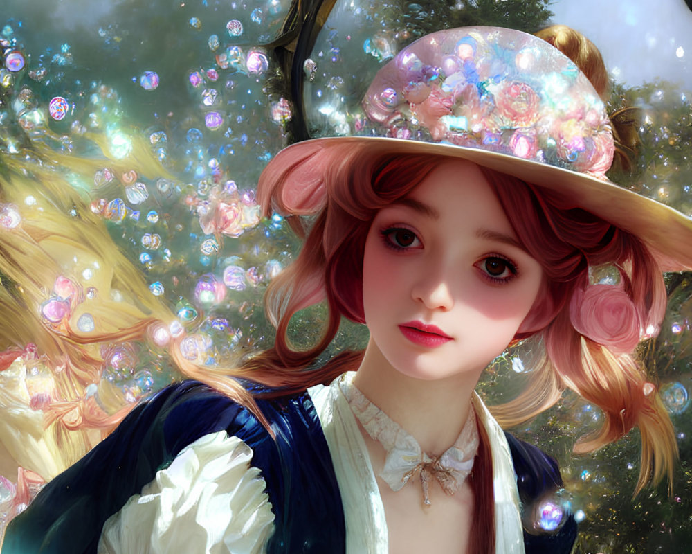 Rosy-cheeked character in floral hat with bubbles on sunny backdrop.