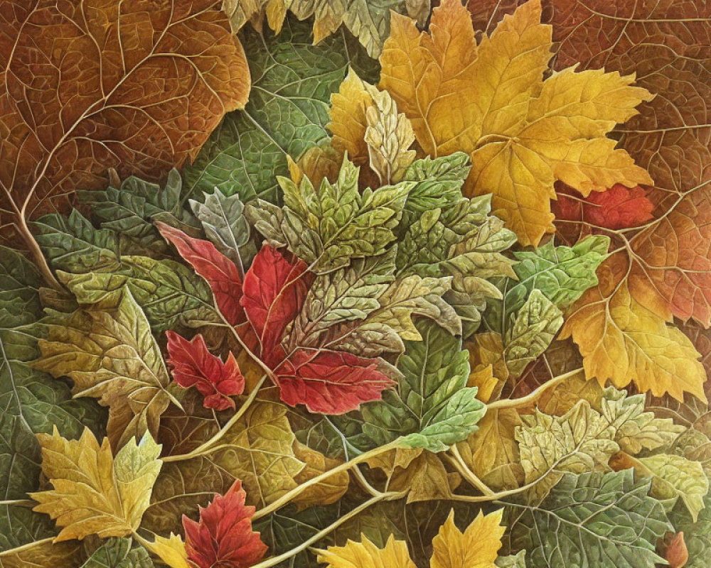 Vibrant autumn leaves tapestry in yellow, red, and green