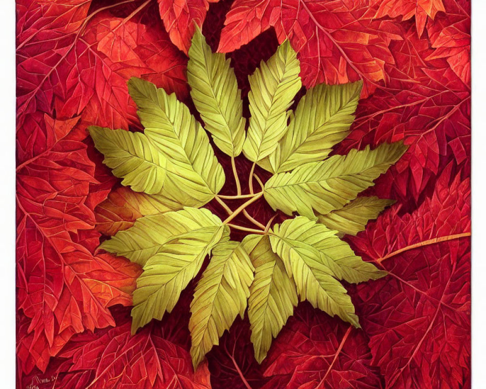 Colorful Leaf Arrangement with Green Center and Red Surrounding Leaves