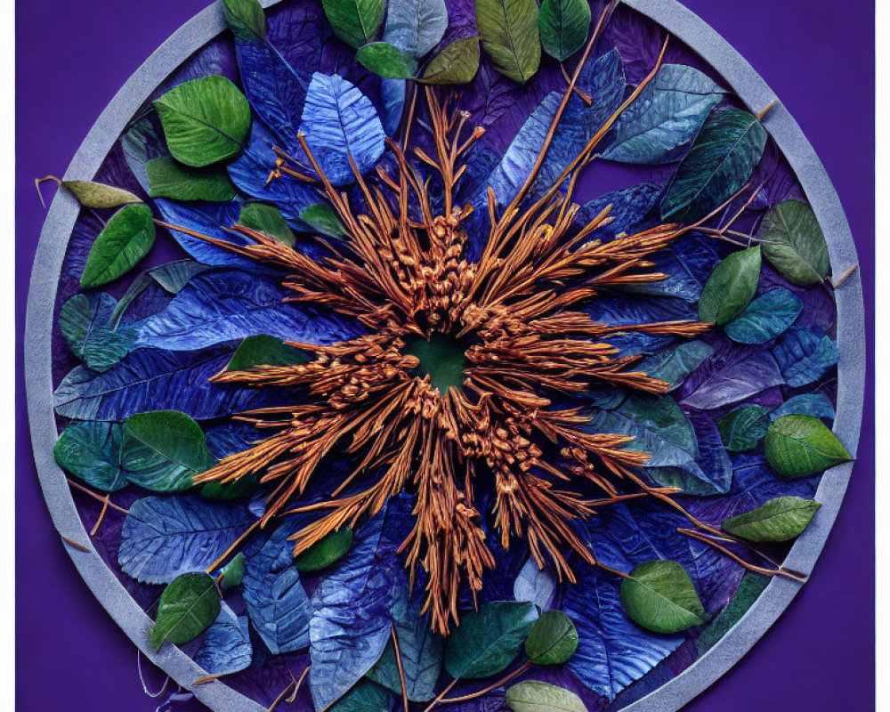 Circular Art Piece: Green and Blue Leaves, Brown Spikes, Purple Background