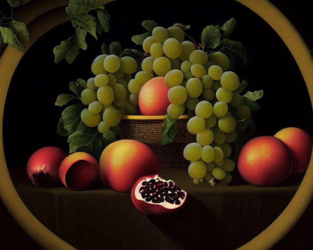 Still-life image of grapes, peaches, and pomegranate in a basket on dark background