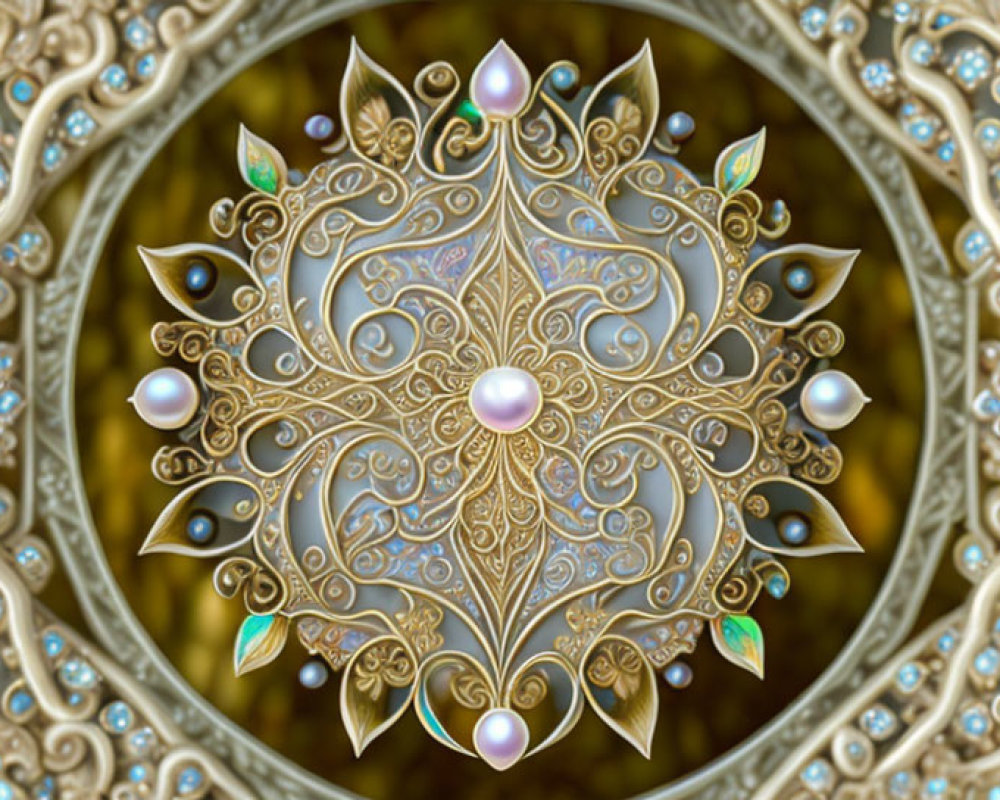 Golden fractal design with ornate patterns and gem embellishments on shimmering background