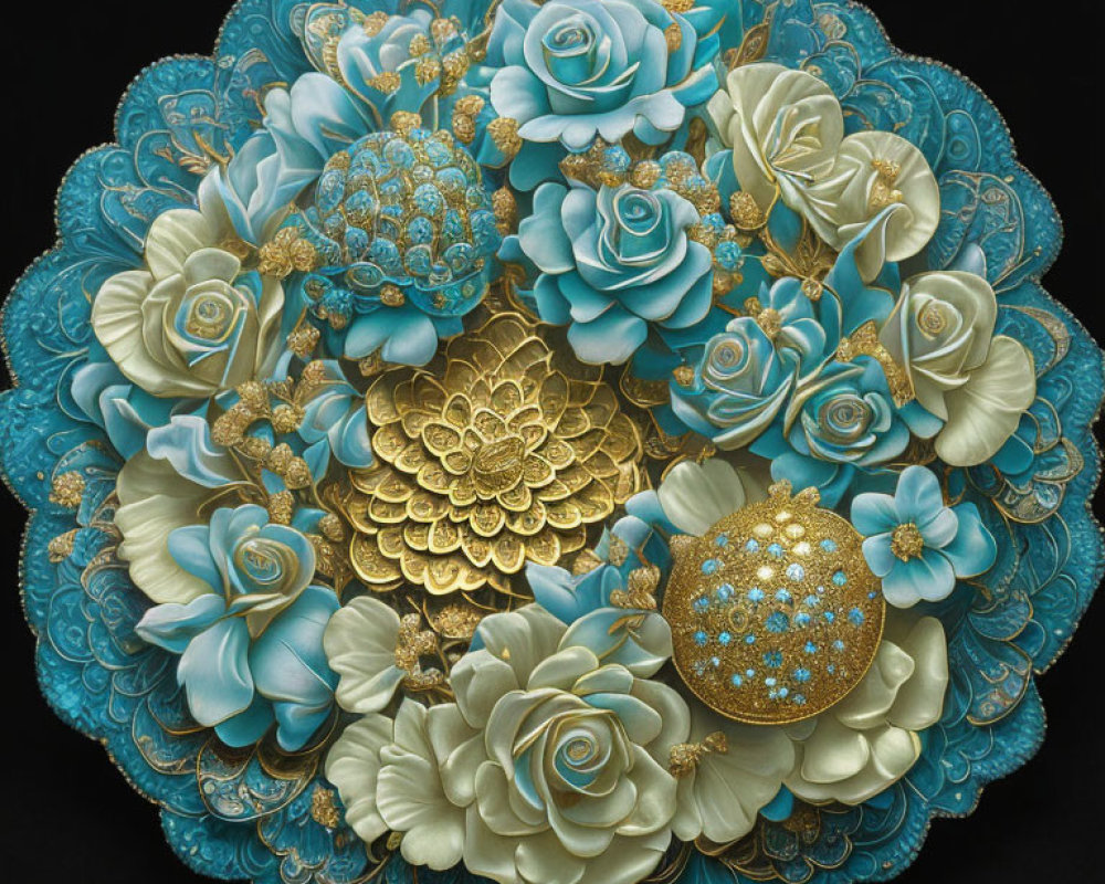 Intricate Turquoise and Gold Floral Arrangement on Black Background