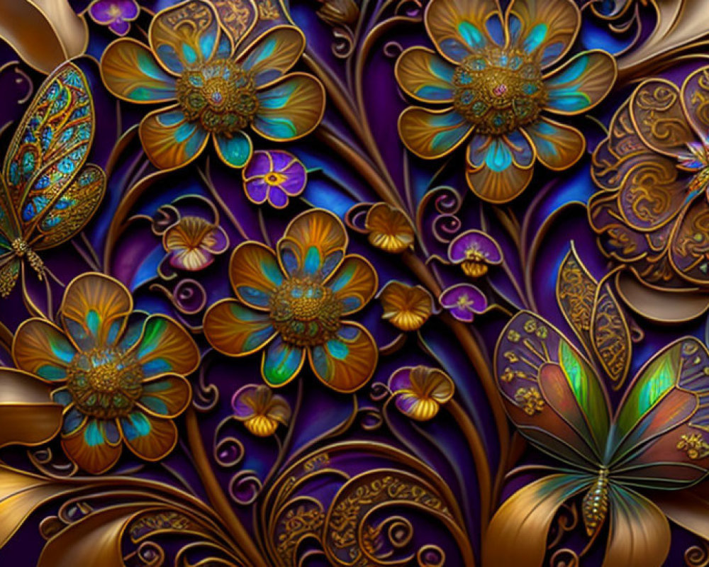 Golden floral design with butterflies on purple background and ornate petals.