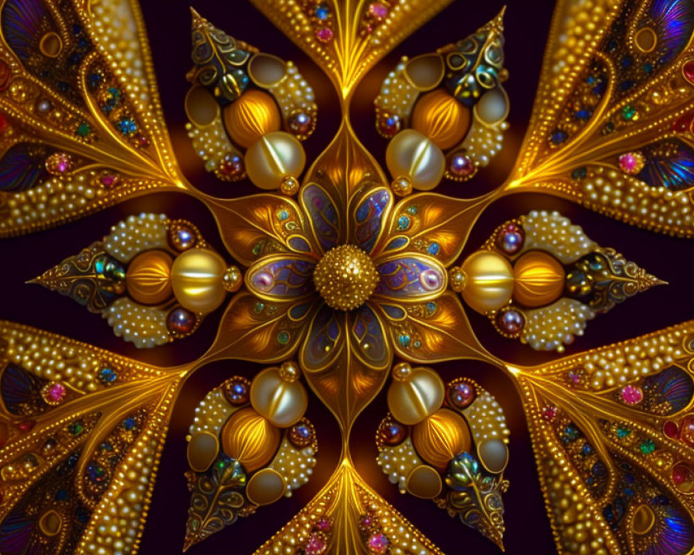 Symmetrical digital artwork: Golden pattern with jewels on dark background