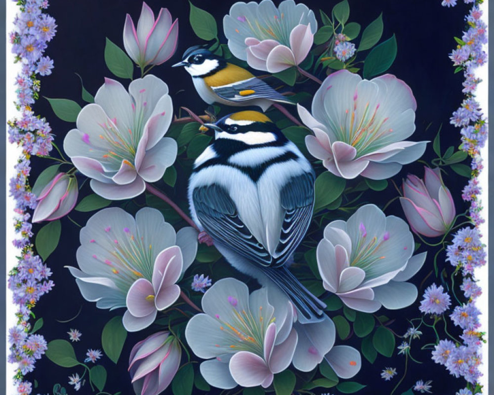 Colorful Bird Painting with Pink Blossoms and Green Foliage