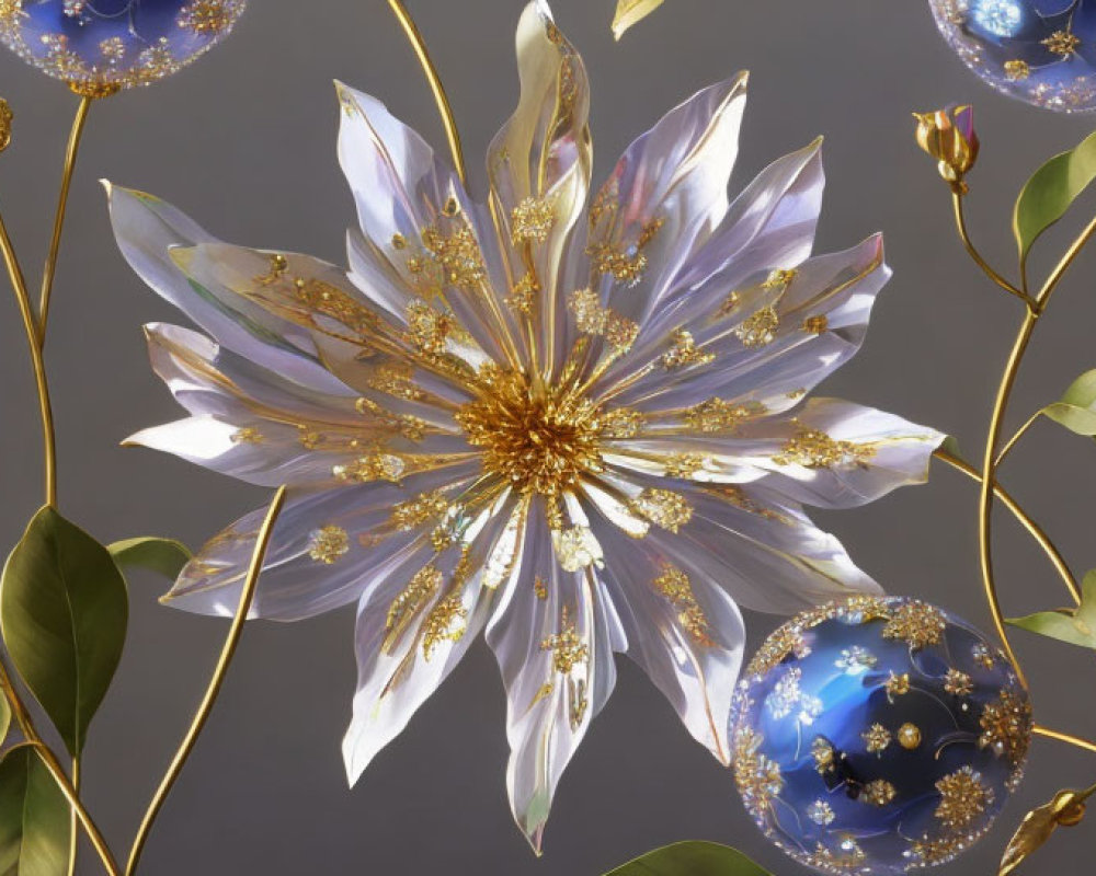 Golden flower with translucent petals, blue ornaments, and green leaves in 3D illustration