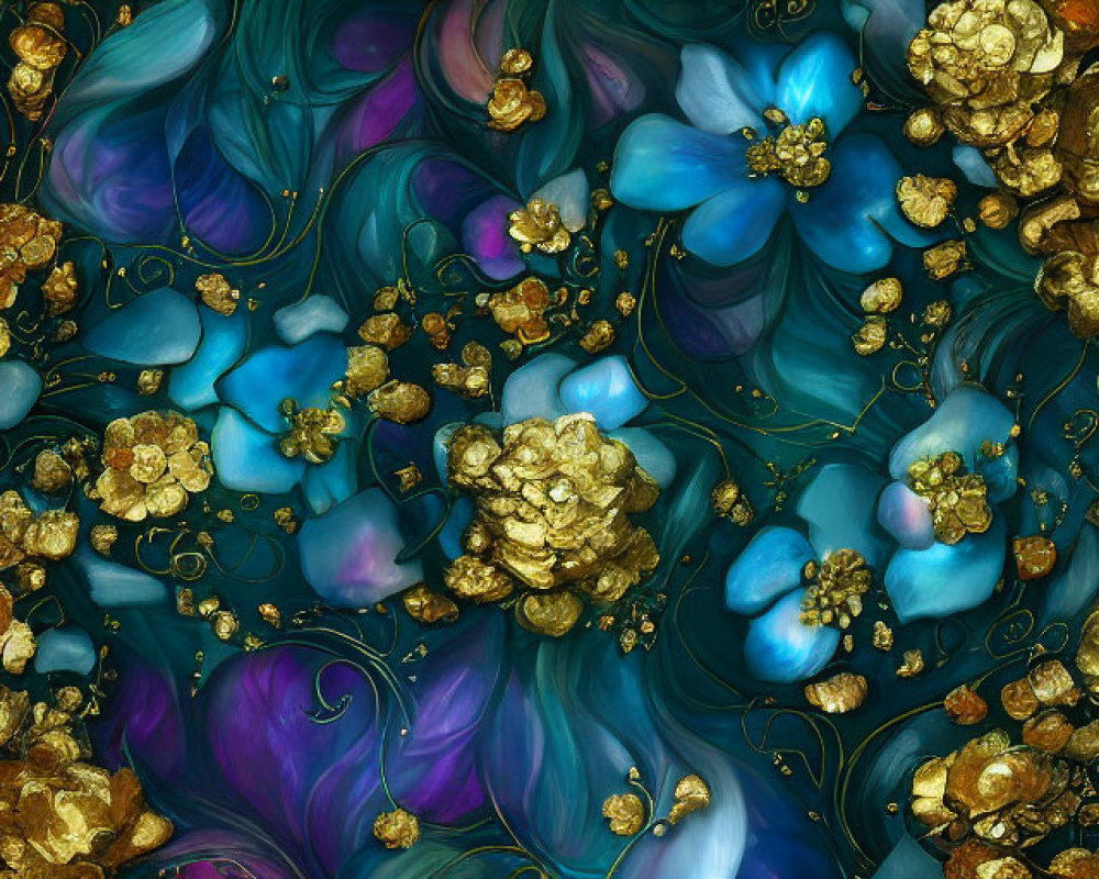 Swirling blue and purple hues with gold floral elements on dark background