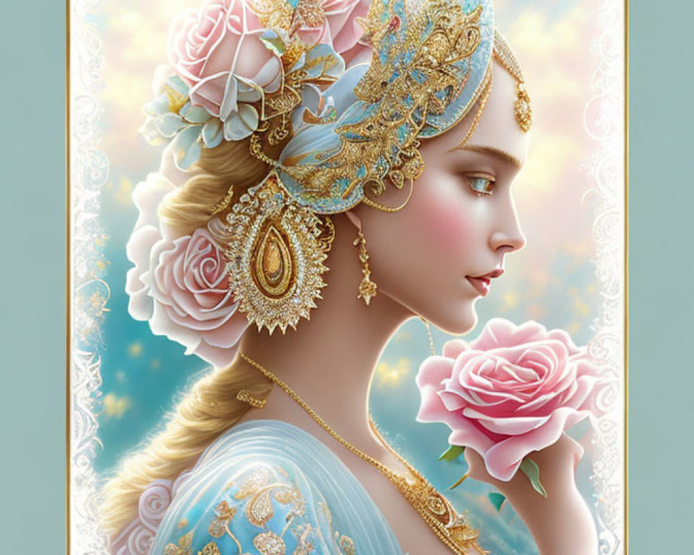Elegant woman adorned with gold jewelry, tiara, blue dress, and roses