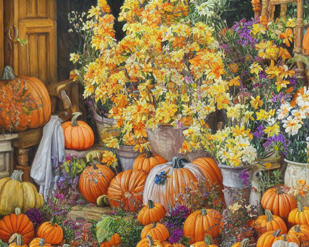 Autumn-themed scene with pumpkins, colorful flowers, and wooden door
