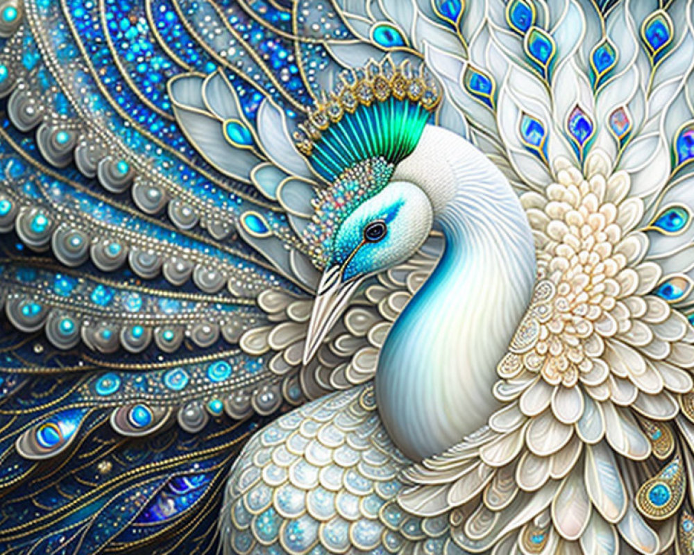 Detailed illustration of a peacock with lavish blue, green, and white tail adorned with jewels
