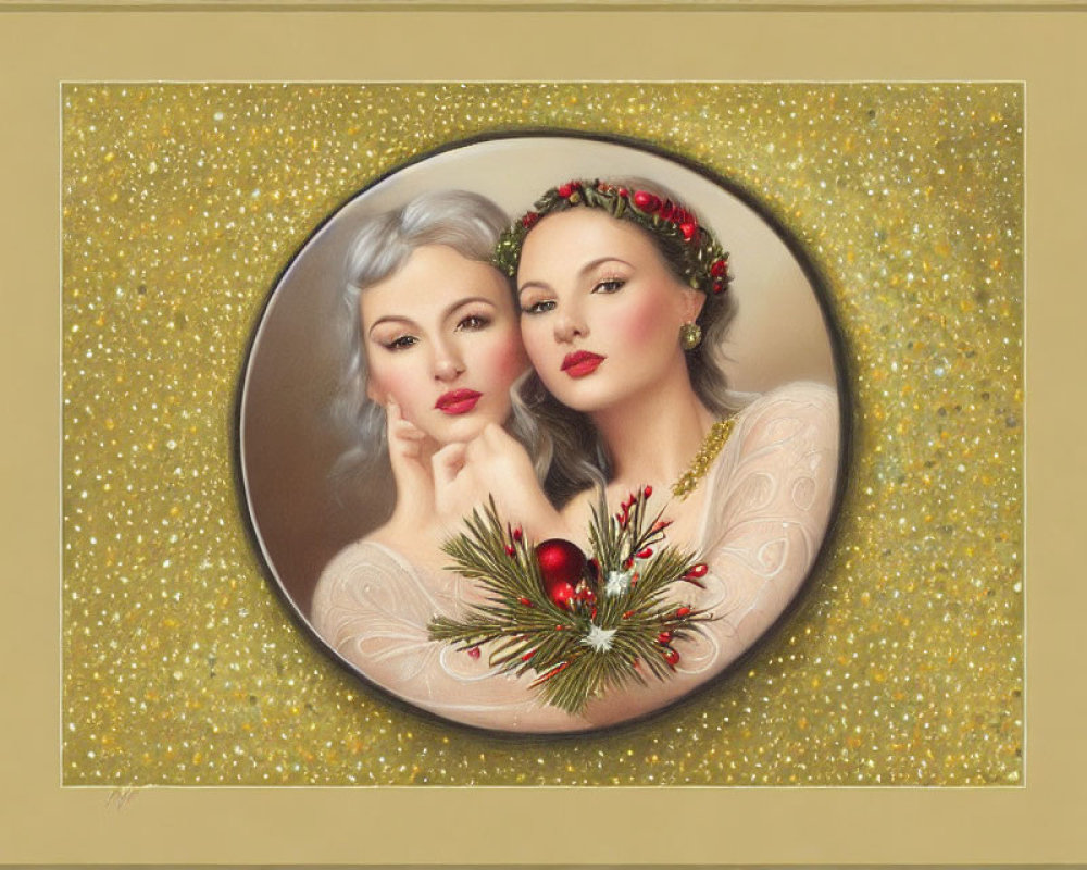 Two women with silver hair in festive attire on glittery golden background