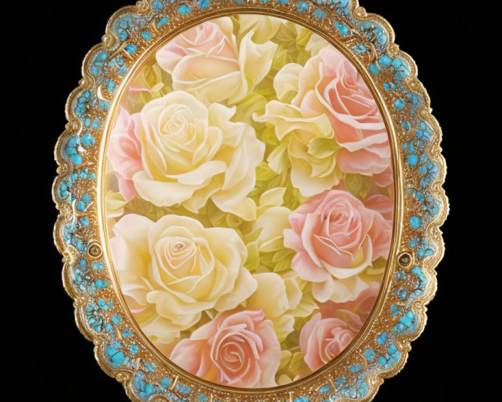Intricate Blue and Gold Oval Frame with Blooming Roses Illustration