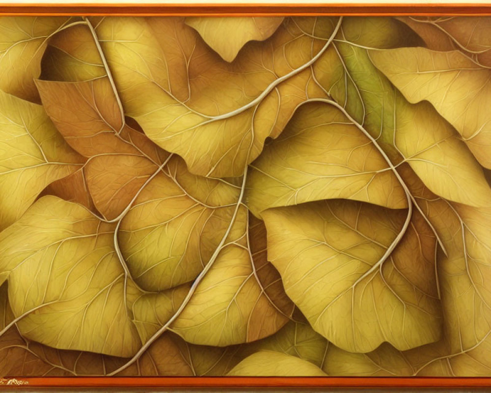 Detailed Realistic Painting of Layered Autumn Leaves in Yellow and Brown in Simple Frame