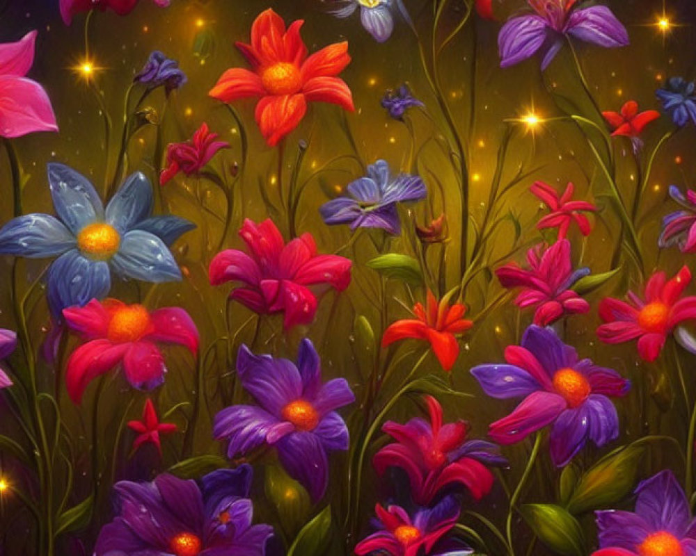 Colorful stylized flowers on dark, starry backdrop: a vibrant digital artwork