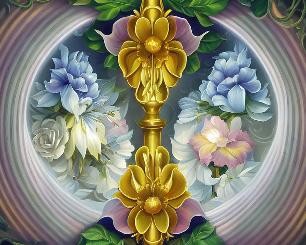 Symmetrical floral illustration with gold elements and colorful flowers