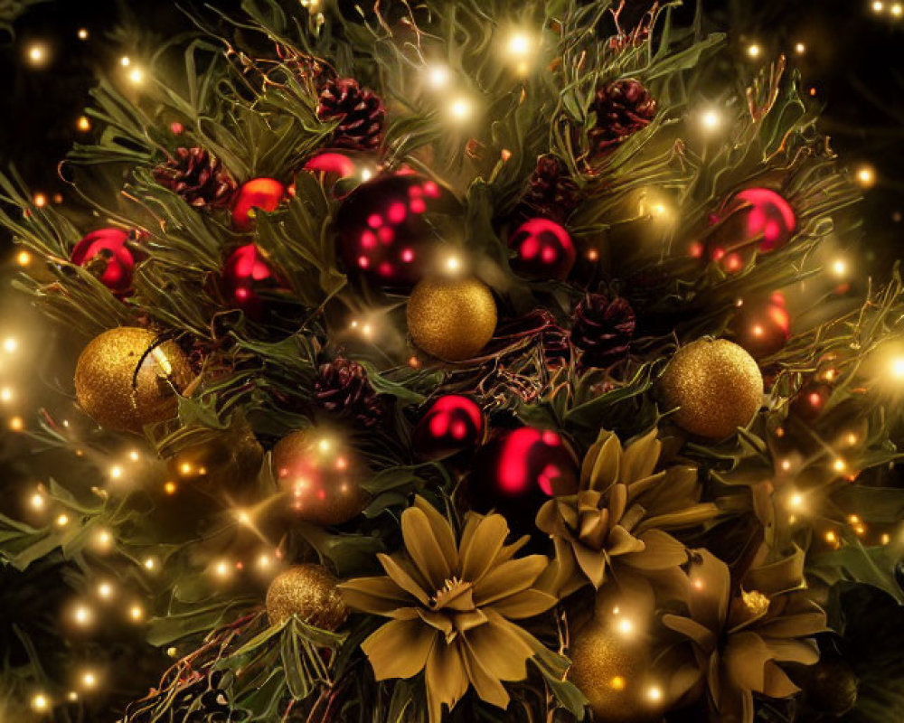 Christmas wreath with golden and red ornaments, pine cones, and twinkling lights on dark background
