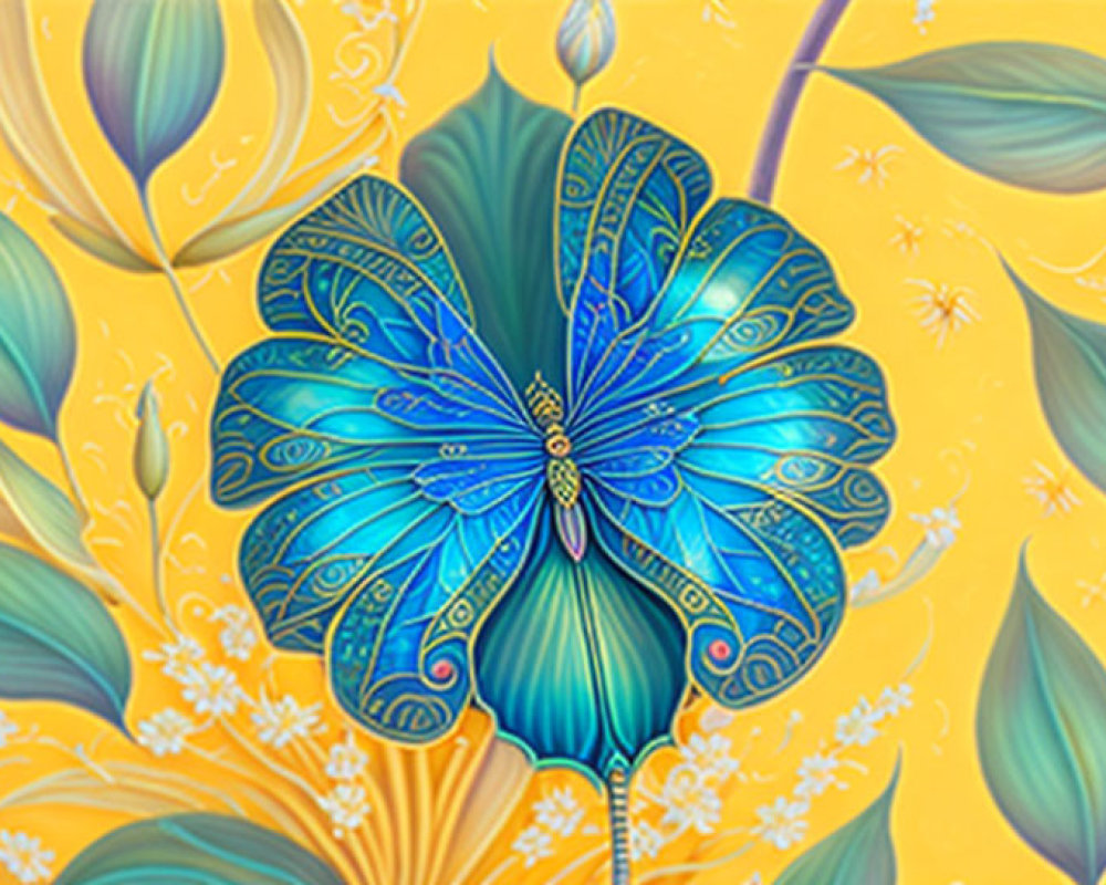 Colorful digital artwork: Blue butterfly with intricate patterns in whimsical garden.