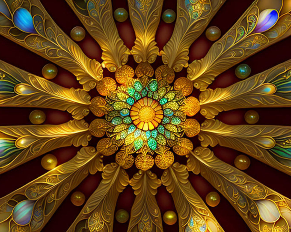 Symmetrical mandala fractal art with golden petals and turquoise accents
