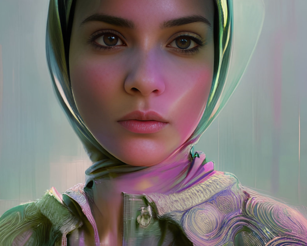 Woman's portrait with headscarf and glitch art effect in vibrant colors