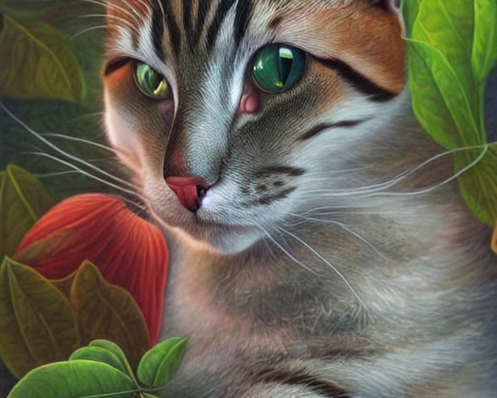 Realistic digital illustration of a cat with green eyes in lush green foliage.