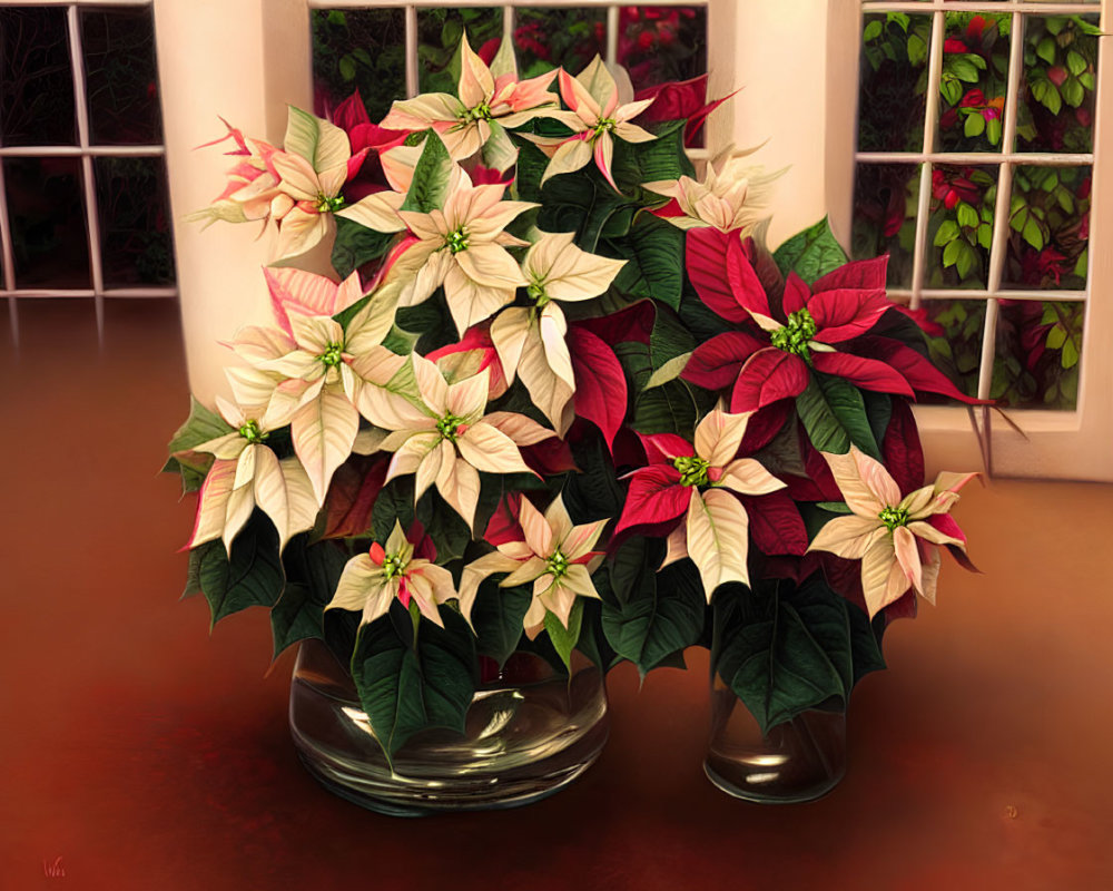 Red and White Poinsettias in Clear Vase Against Warm Room Interior