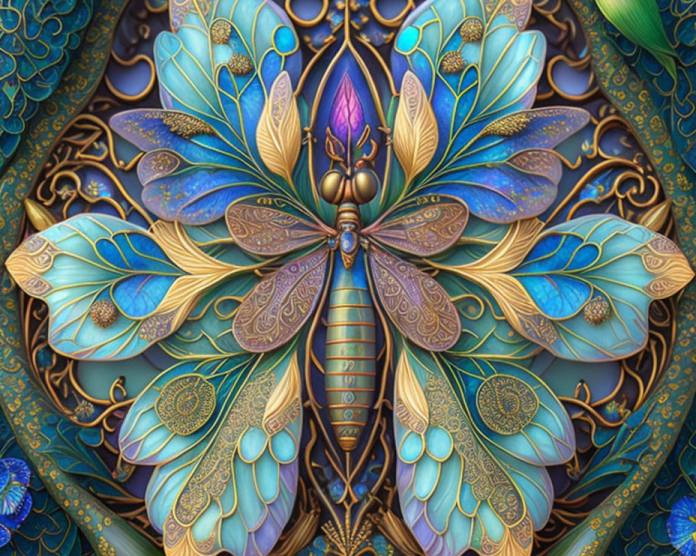Symmetrical ornate butterfly with jewel tones on decorative background