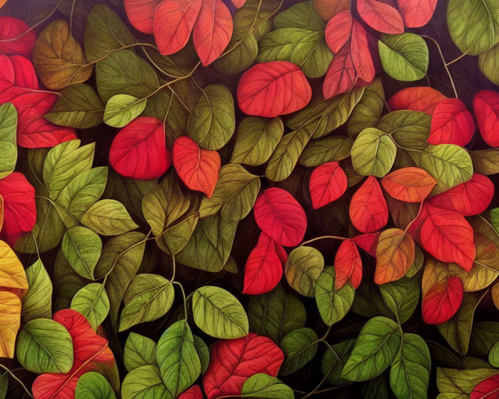 Vivid Autumnal Leaf Mosaic in Green, Red, and Yellow