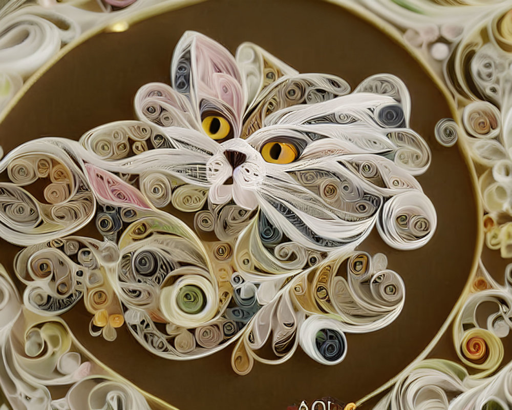 Cat Quilling Paper Art with Swirls and Curls in Various Shades