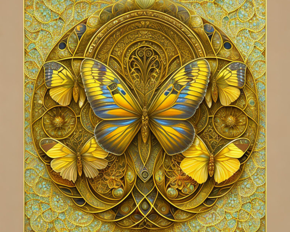 Symmetrical golden mandala design with butterflies on warm beige background