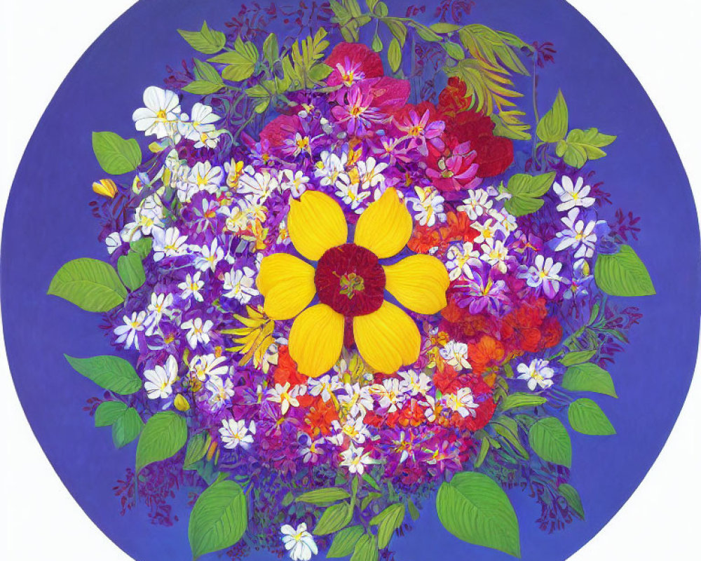 Colorful Circular Flower Arrangement on Blue Background