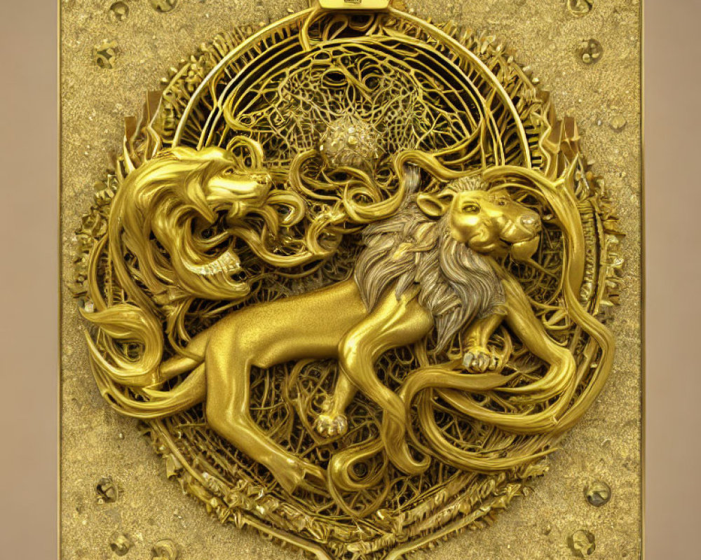 Intricate Golden Bas-Relief of Two Lions on Textured Background